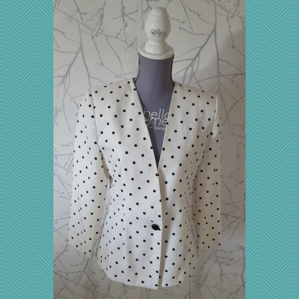 Braemar Petites Jeremy Scott VTG White Polkadot Single Button Blazer